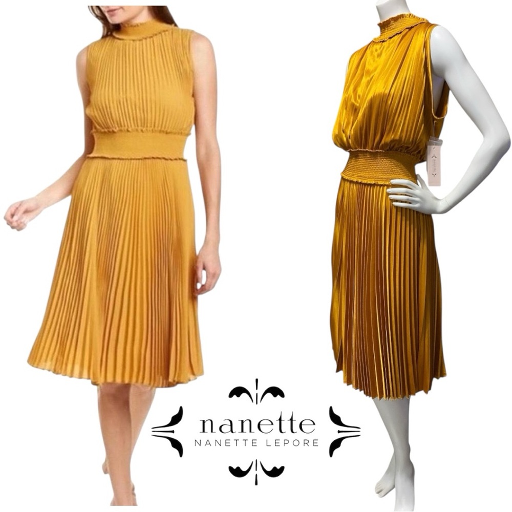 NANETTE LEPORE Pleated High Mock Neck/Waist Mustard Midi Dress Sleeveless Sz 14